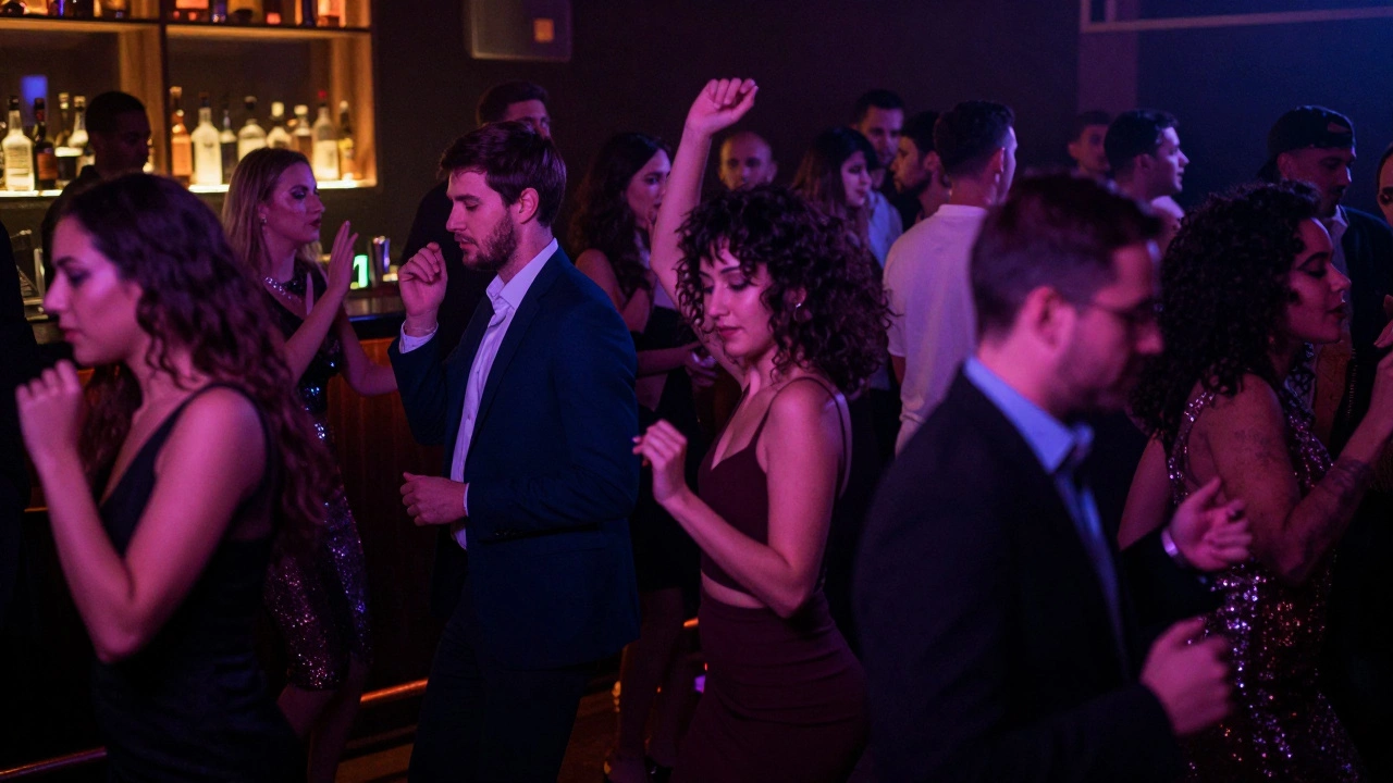 Diverse crowd dancing under soft colored lights in an intimate underground lounge.