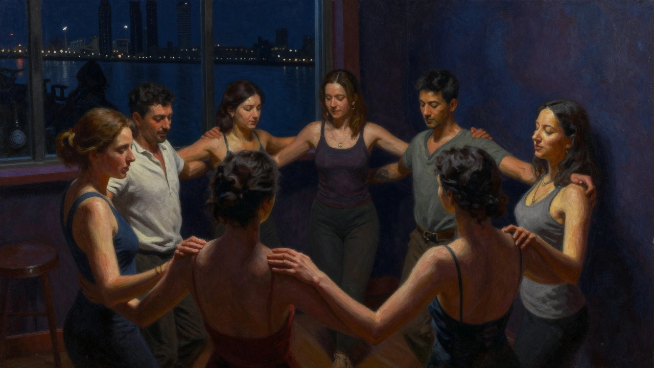 Strangers swaying together in a dimly lit club, no phones, only quiet connection.